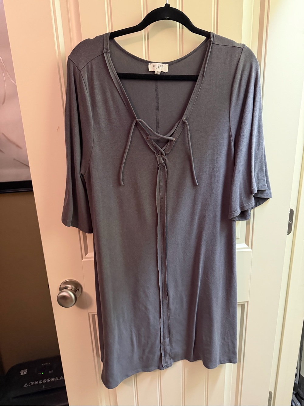 Umgee Slate Gray Tunic with Lace-Up V-Neck